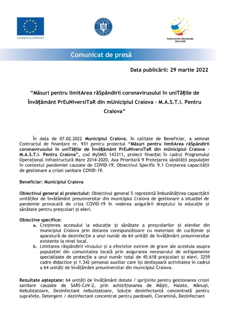 Măsuri pentru limitarea răspândirii coronavirusului in unitățile de învățământ preuniversitar din Municipiul Craiova -M.A.S.T.I. Pentru Craiova